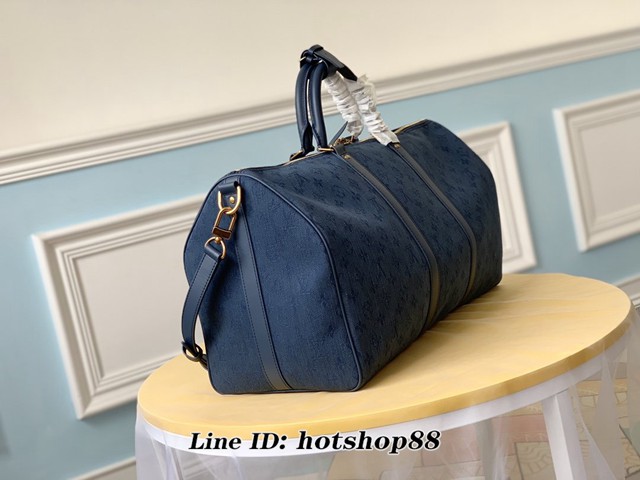 路易威登LV旅行包 LV新款男士手提旅行袋 M44645藍 KEEPALL 50旅行袋 牛仔布藍色旅行袋枕頭包 xxlv1458